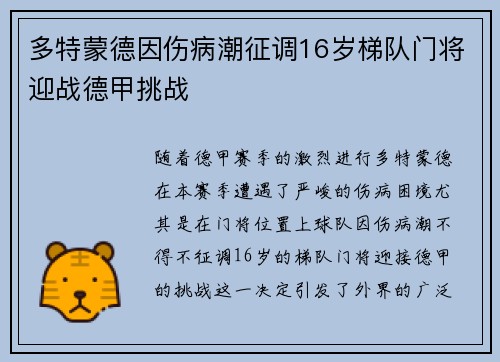 多特蒙德因伤病潮征调16岁梯队门将迎战德甲挑战